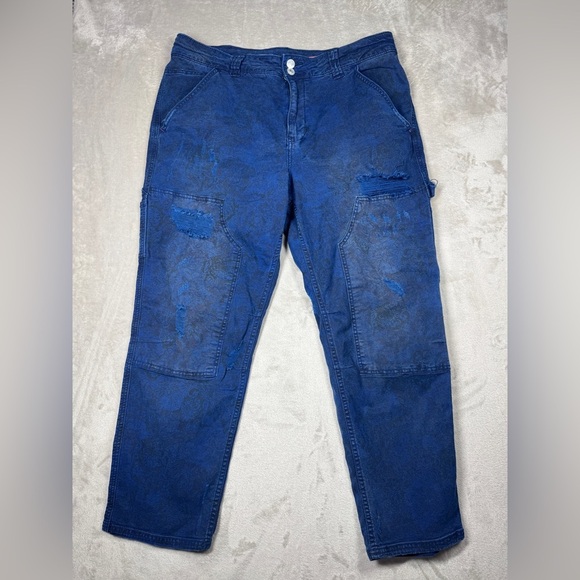 Anthropologie Pilcro The Wanderer Blue Black Floral Cargo Distressed Pants 31P - Picture 1 of 17